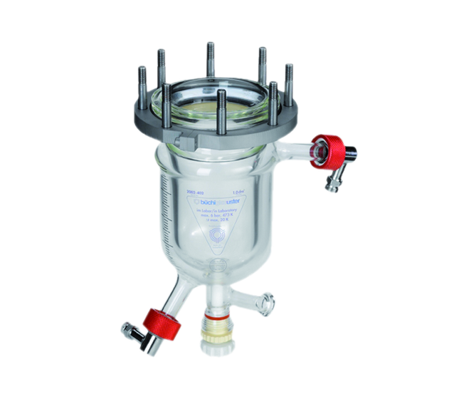 Récipient en verre pressurisé avec robinet de vidange et enveloppe chauffante